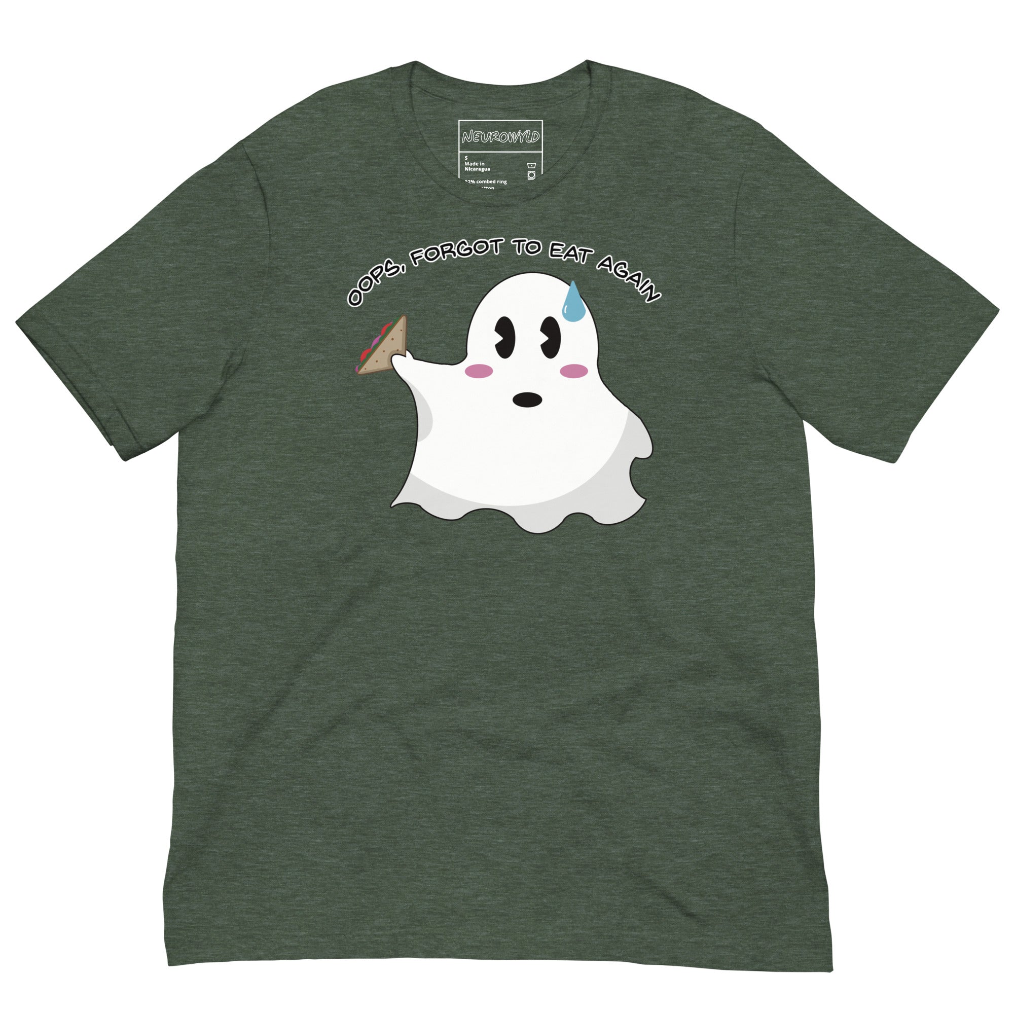 green t-shirt featuring a cute ghost holding a sandwich with a sweat drop on its forehead. Above the ghost, playful text reads: 'Oops, Forgot to Eat Again.