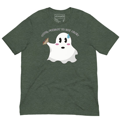 green t-shirt featuring a cute ghost holding a sandwich with a sweat drop on its forehead. Above the ghost, playful text reads: 'Oops, Forgot to Eat Again.