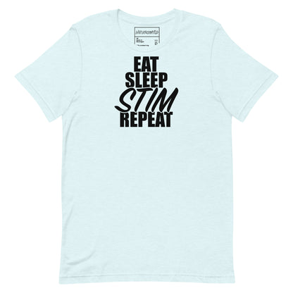 Light blue t-shirt with bold black text that reads ‘EAT SLEEP STIM REPEAT,’ celebrating stimming and neurodivergent pride in a minimalist statement design.