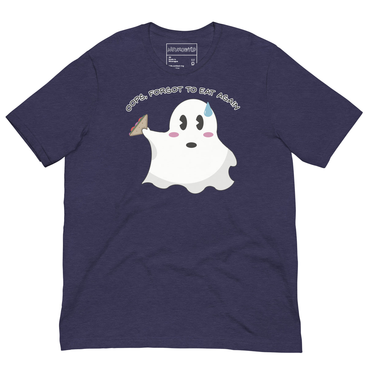 purple t-shirt featuring a cute ghost holding a sandwich with a sweat drop on its forehead. Above the ghost, playful text reads: 'Oops, Forgot to Eat Again.