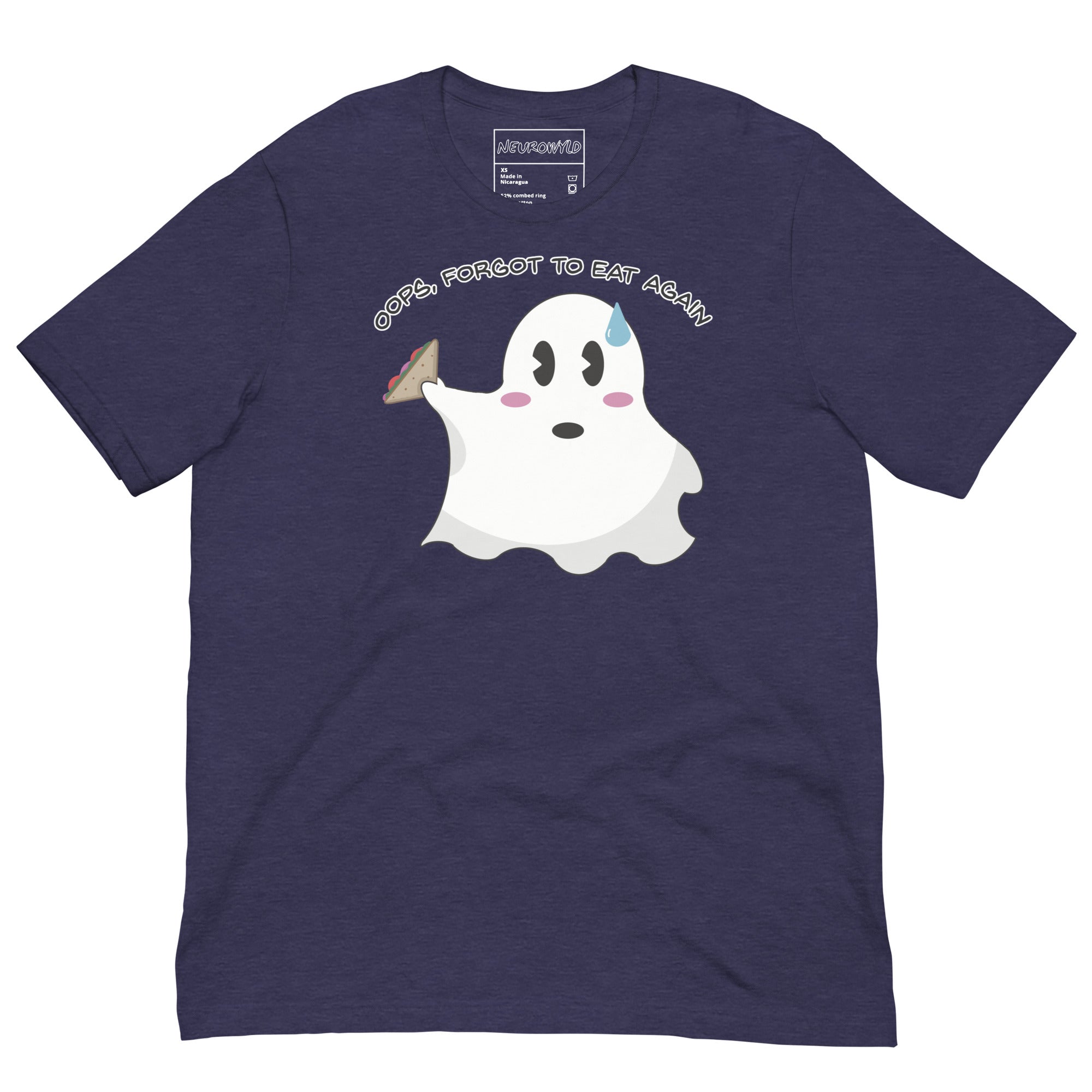 purple t-shirt featuring a cute ghost holding a sandwich with a sweat drop on its forehead. Above the ghost, playful text reads: 'Oops, Forgot to Eat Again.