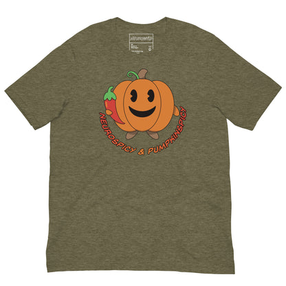 green t-shirt with a smiling pumpkin holding a red chili pepper. Below the design, playful text reads: 'Neurospicy & Pumpkinspicy.'