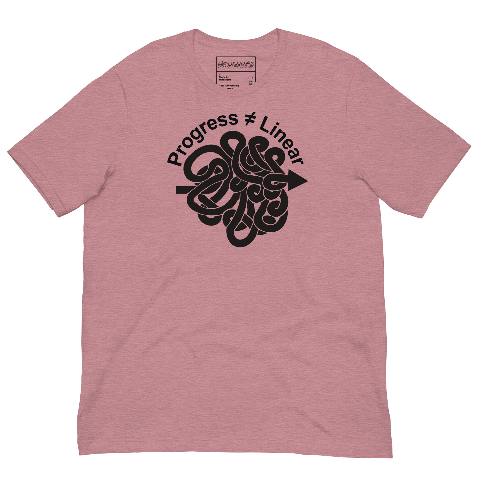 Pink t-shirt with black graphic and text 'Progress ≠ Linear' on a white background