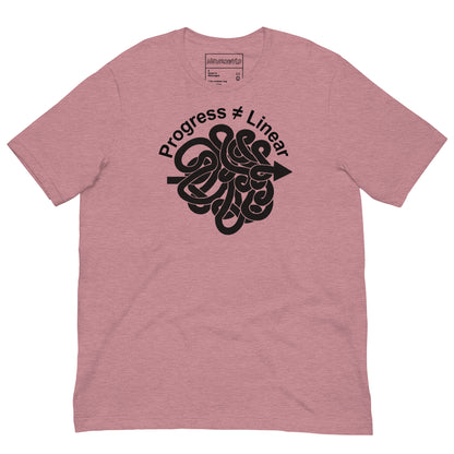 Pink t-shirt with black graphic and text 'Progress ≠ Linear' on a white background