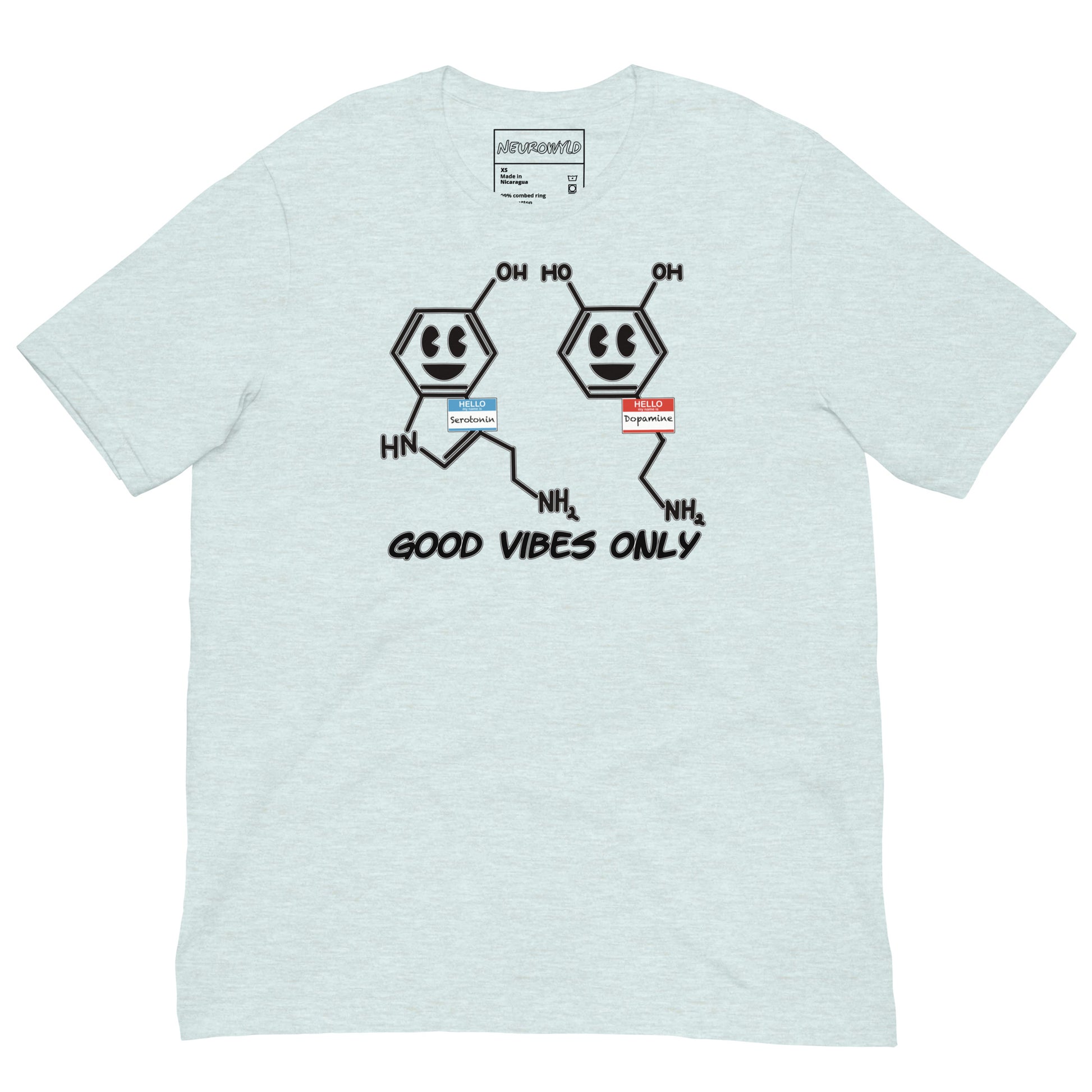 blue t-shirt featuring cartoon serotonin and dopamine molecules with smiling faces and name tags. Below them, bold black text reads 'Good Vibes Only'.