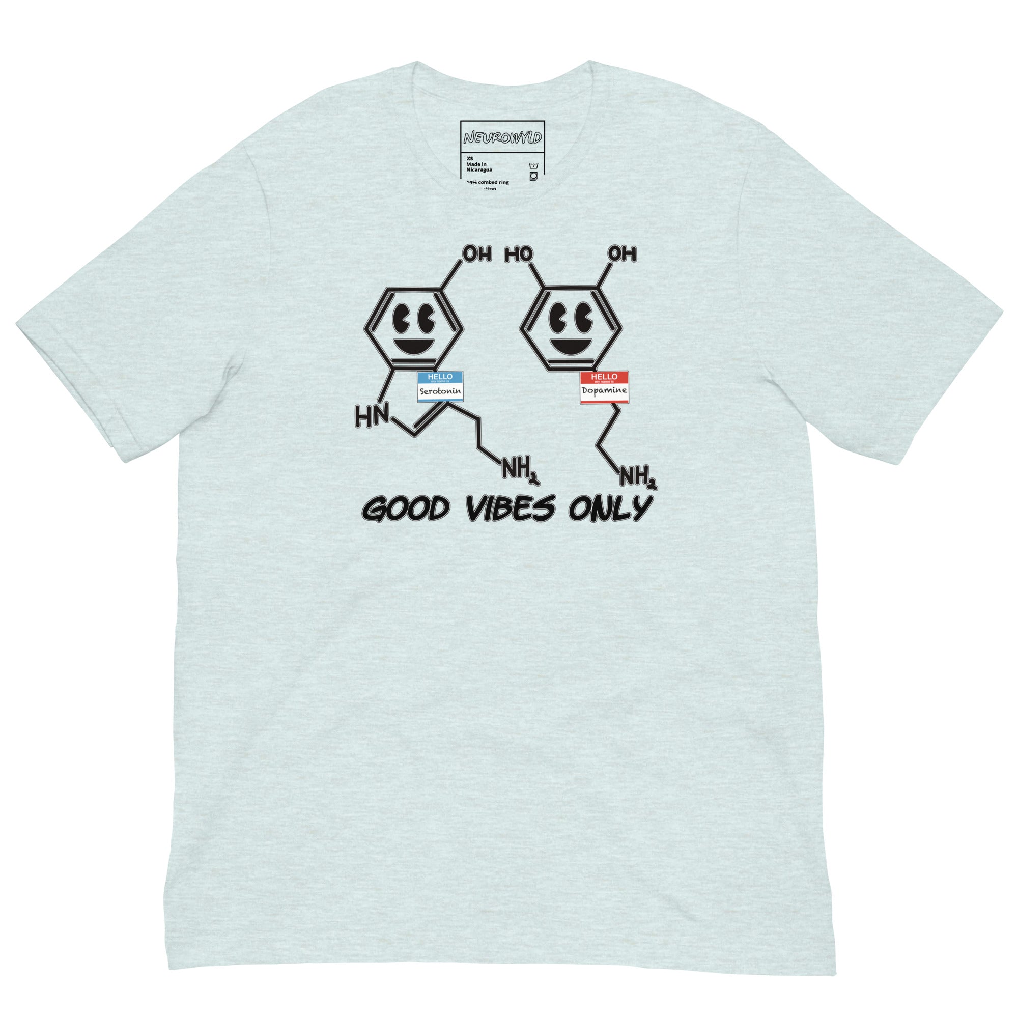 blue t-shirt featuring cartoon serotonin and dopamine molecules with smiling faces and name tags. Below them, bold black text reads 'Good Vibes Only'.