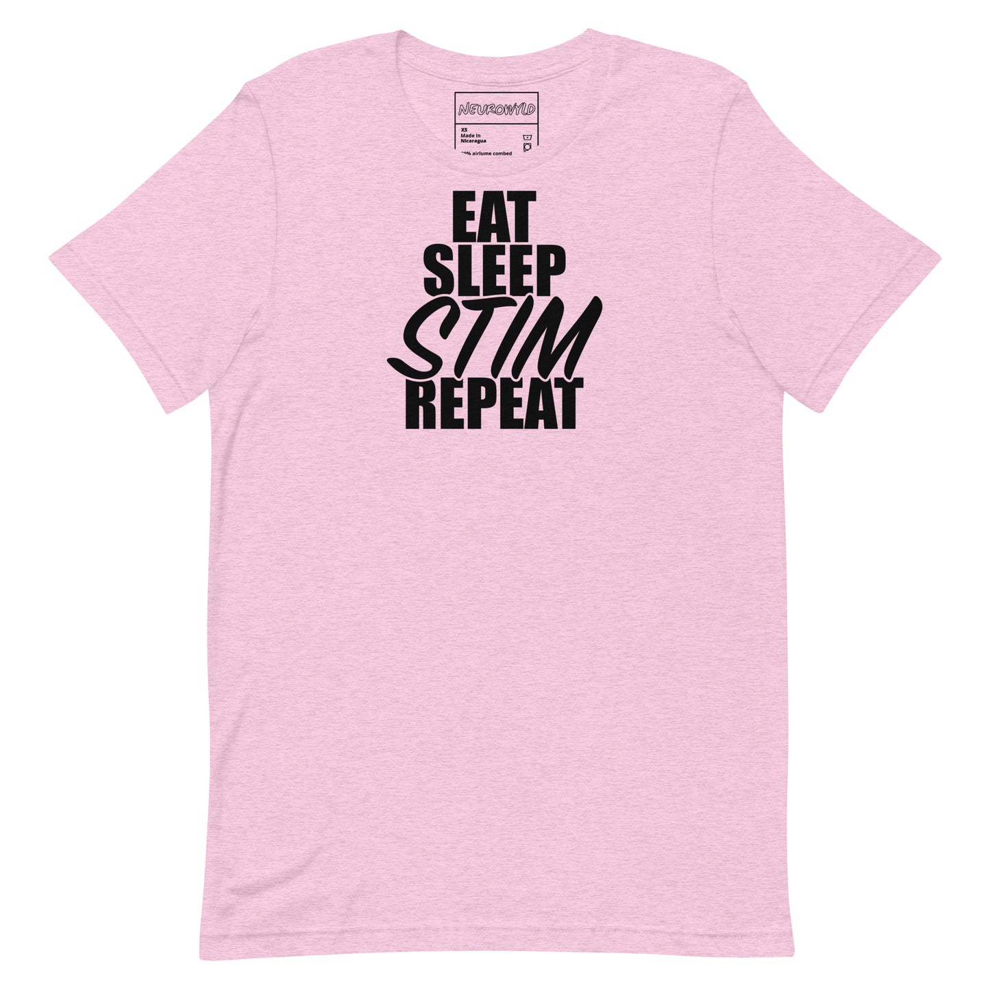 Pink t-shirt with bold black text that reads ‘EAT SLEEP STIM REPEAT,’ celebrating stimming and neurodivergent pride in a minimalist statement design.