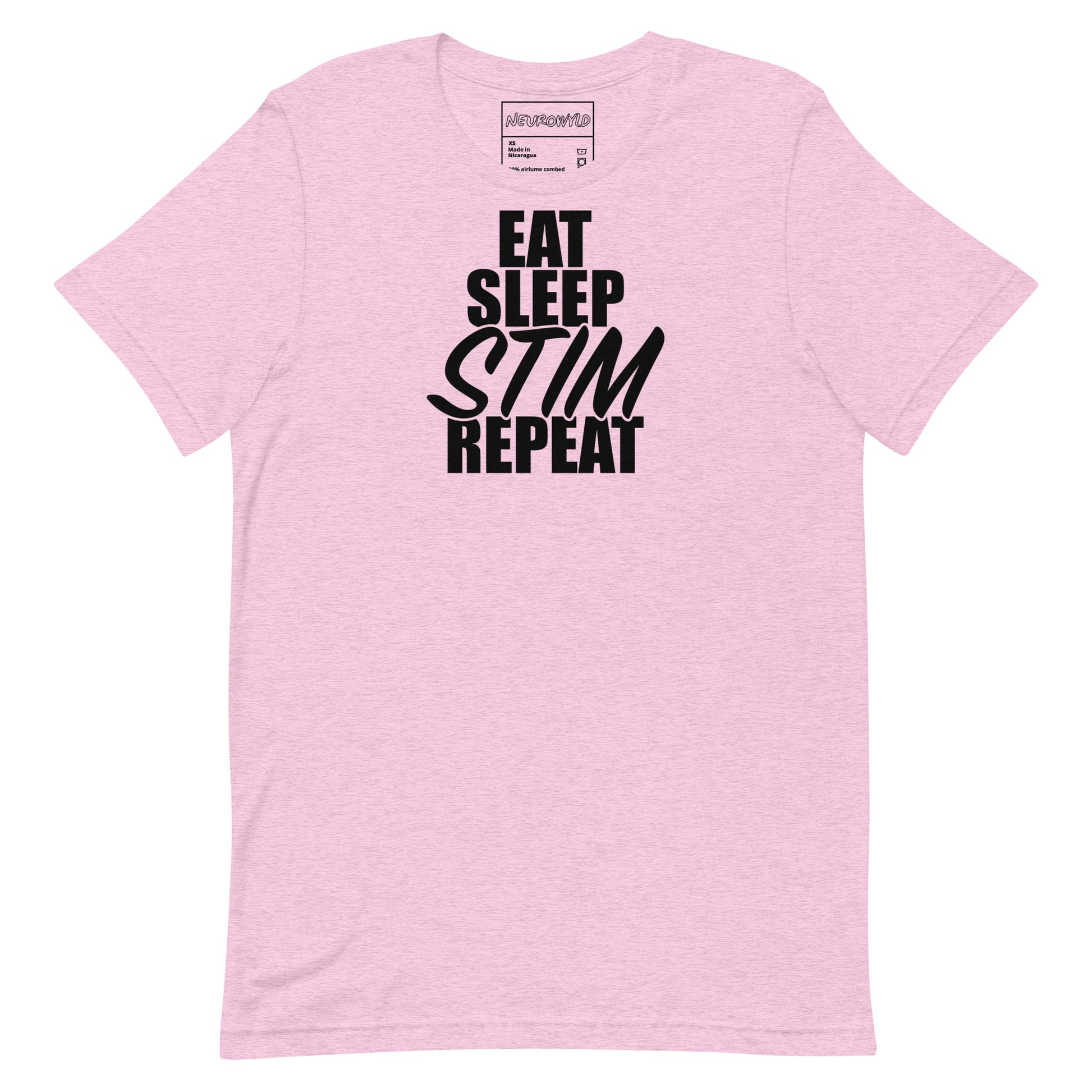 Pink t-shirt with bold black text that reads ‘EAT SLEEP STIM REPEAT,’ celebrating stimming and neurodivergent pride in a minimalist statement design.