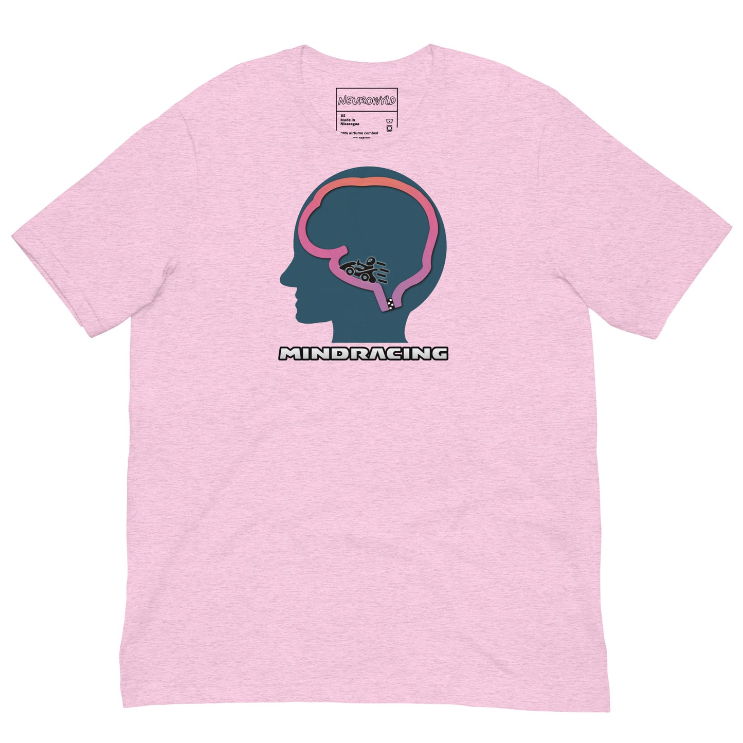 Light lilac t-shirt featuring a silhouette of a head with a racecar speeding around a brain-shaped track inside. Bold text below reads 'Mindracing'.