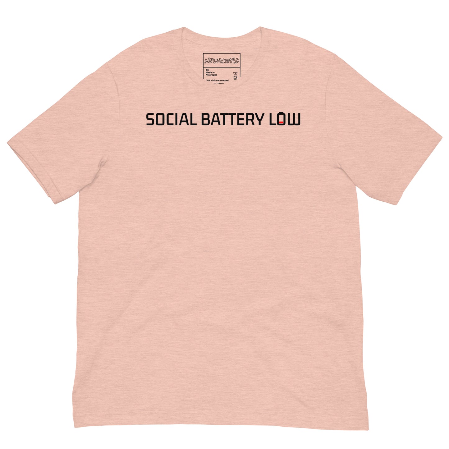 Peach t-shirt with bold black text reading ‘SOCIAL BATTERY LOW,’ featuring a small red low-battery icon at the end, symbolizing introvert and neurodivergent humor.