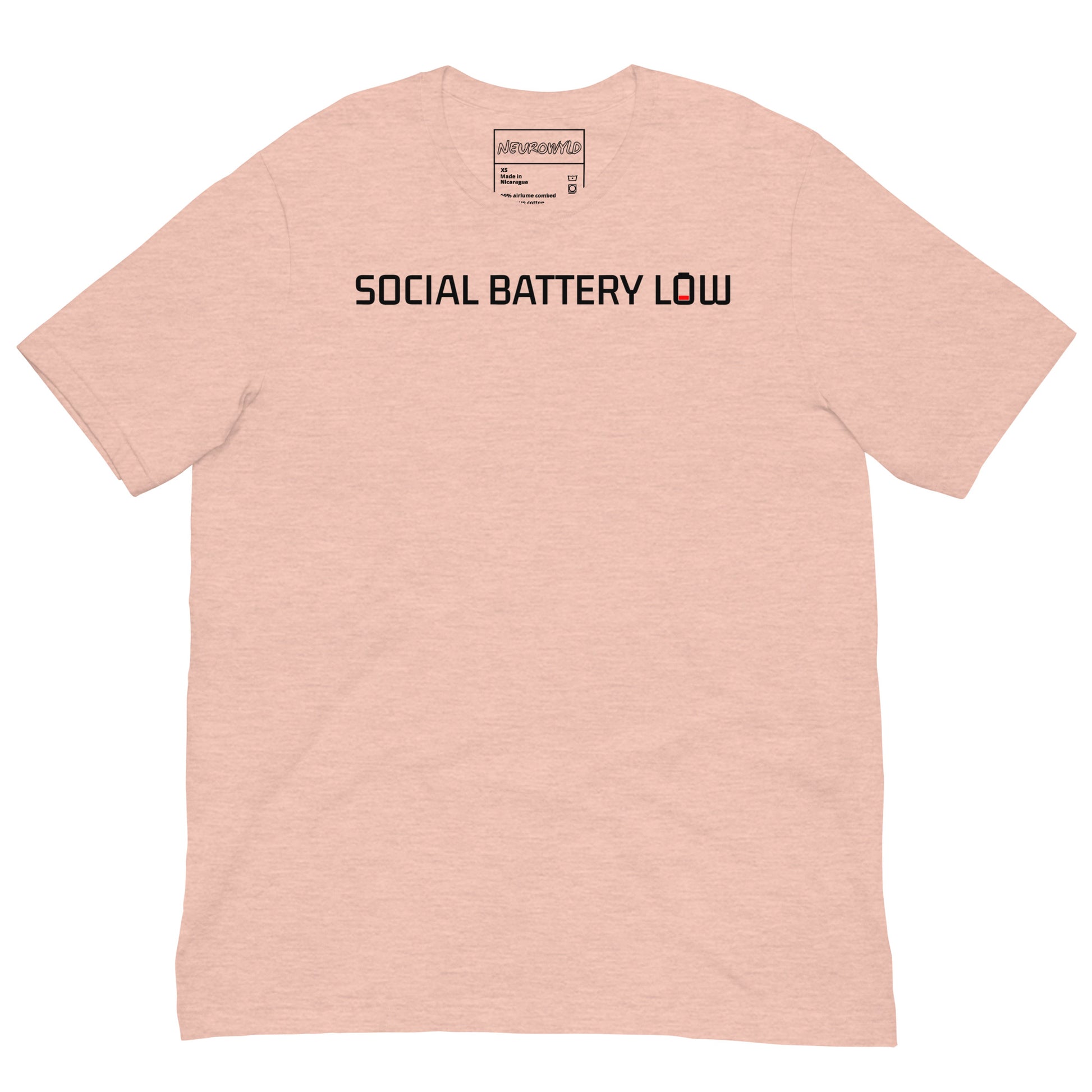 Peach t-shirt with bold black text reading ‘SOCIAL BATTERY LOW,’ featuring a small red low-battery icon at the end, symbolizing introvert and neurodivergent humor.