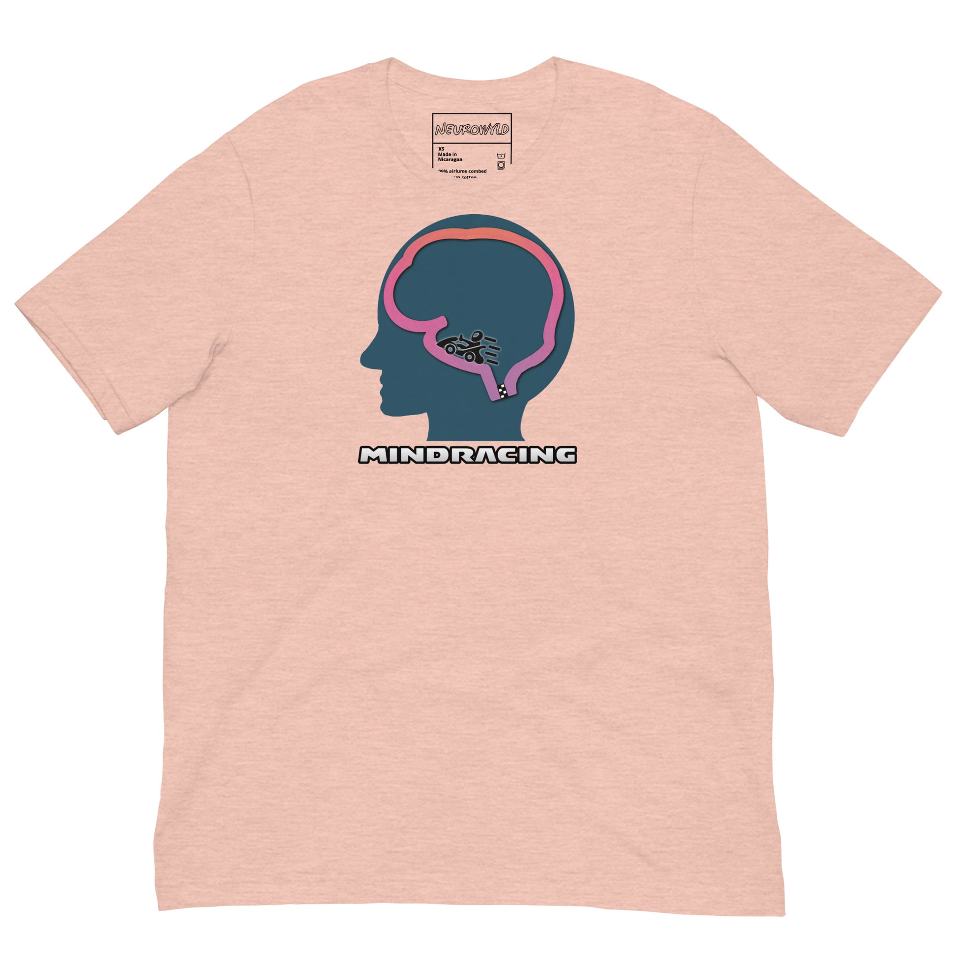 Light pink t-shirt featuring a silhouette of a head with a racecar speeding around a brain-shaped track inside. Bold text below reads 'Mindracing'.