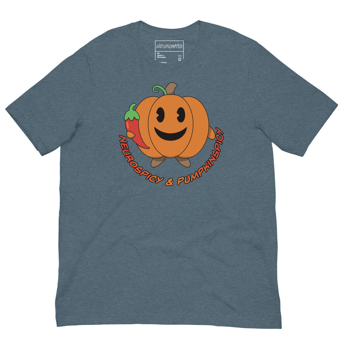 slate blue t-shirt with a smiling pumpkin holding a red chili pepper. Below the design, playful text reads: 'Neurospicy & Pumpkinspicy.'
