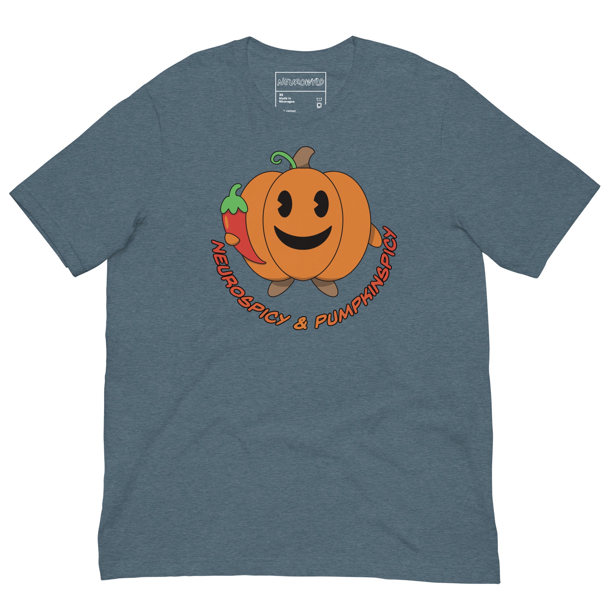 slate blue t-shirt with a smiling pumpkin holding a red chili pepper. Below the design, playful text reads: 'Neurospicy & Pumpkinspicy.'