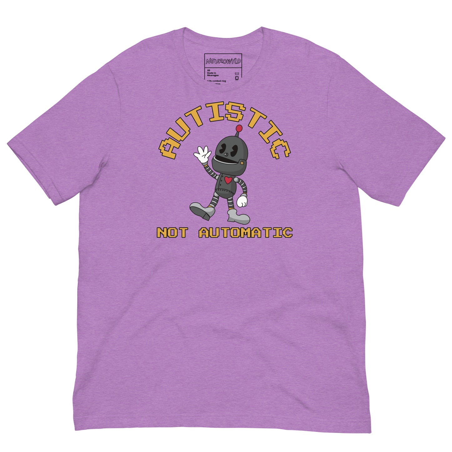 Purple t-shirt with a cartoon robot graphic and pixel-style text that reads ‘Autistic Not Automatic,’ celebrating neurodiversity with retro design flair.