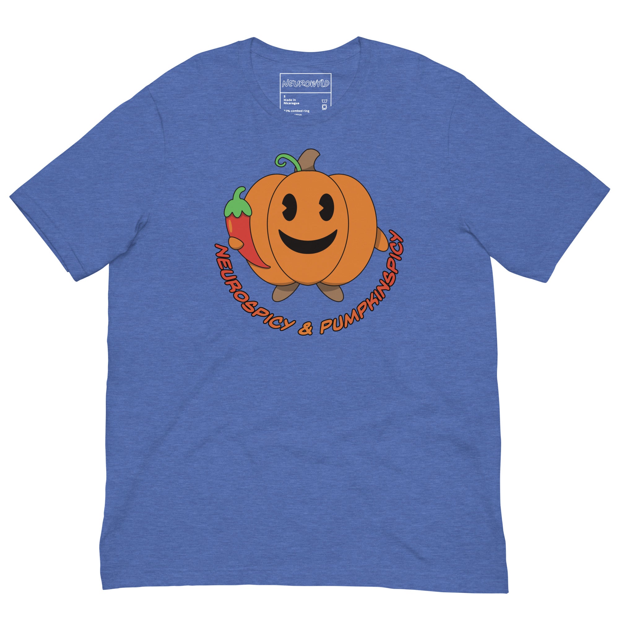 heather royal blue t-shirt with a smiling pumpkin holding a red chili pepper. Below the design, playful text reads: 'Neurospicy & Pumpkinspicy.'