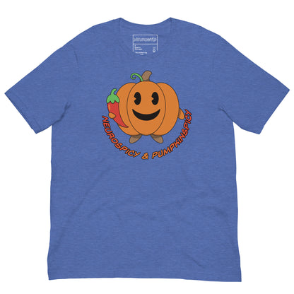 heather royal blue t-shirt with a smiling pumpkin holding a red chili pepper. Below the design, playful text reads: 'Neurospicy & Pumpkinspicy.'