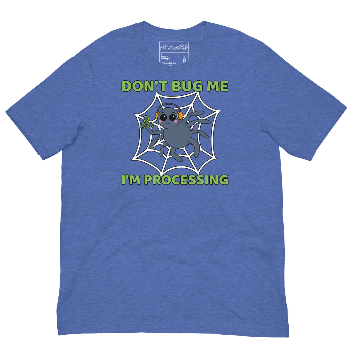 blue t-shirt featuring a cartoon spider sitting in a web, wearing orange headphones and holding a green fidget spinner. Above the spider, bold green text reads 'Don't Bug Me,' and below it says 'I'm Processing'.