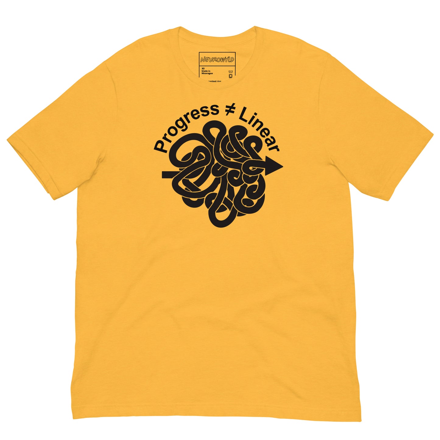 Yellow t-shirt with black graphic and text that says progress is not linear