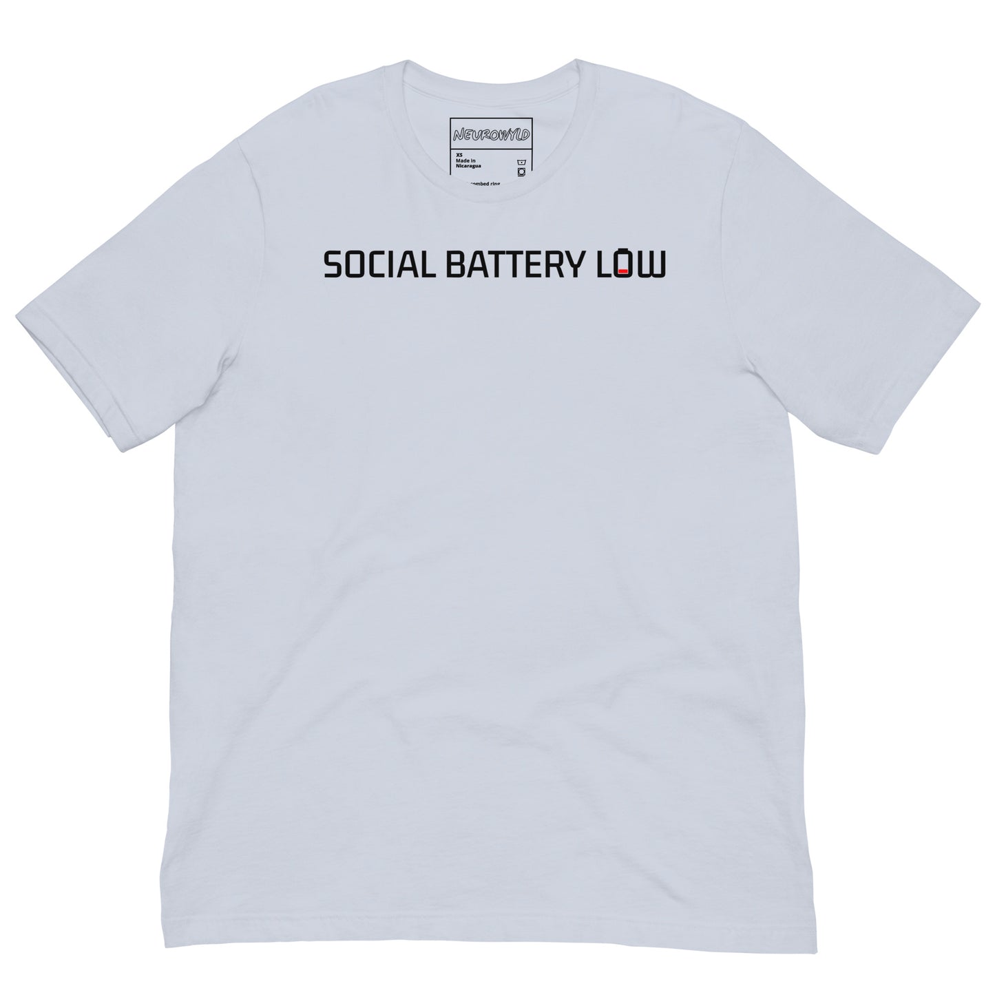 Light blue t-shirt with bold black text reading ‘SOCIAL BATTERY LOW,’ featuring a small red low-battery icon at the end, symbolizing introvert and neurodivergent humor.