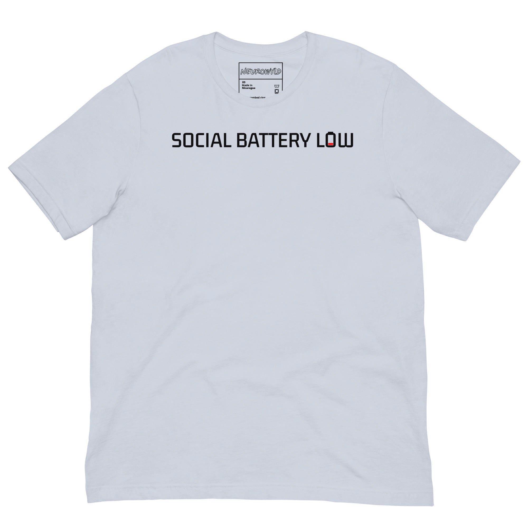 Light blue t-shirt with bold black text reading ‘SOCIAL BATTERY LOW,’ featuring a small red low-battery icon at the end, symbolizing introvert and neurodivergent humor.