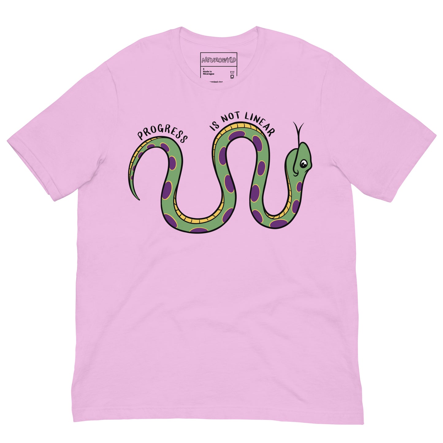 pink teal t-shirt featuring a cartoon snake with green and purple spots, coiled in a wavy shape. Above the snake, the text reads 'Progress Is Not Linear' in black curved lettering.