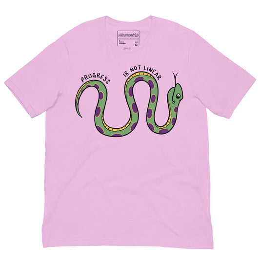 pink teal t-shirt featuring a cartoon snake with green and purple spots, coiled in a wavy shape. Above the snake, the text reads 'Progress Is Not Linear' in black curved lettering.