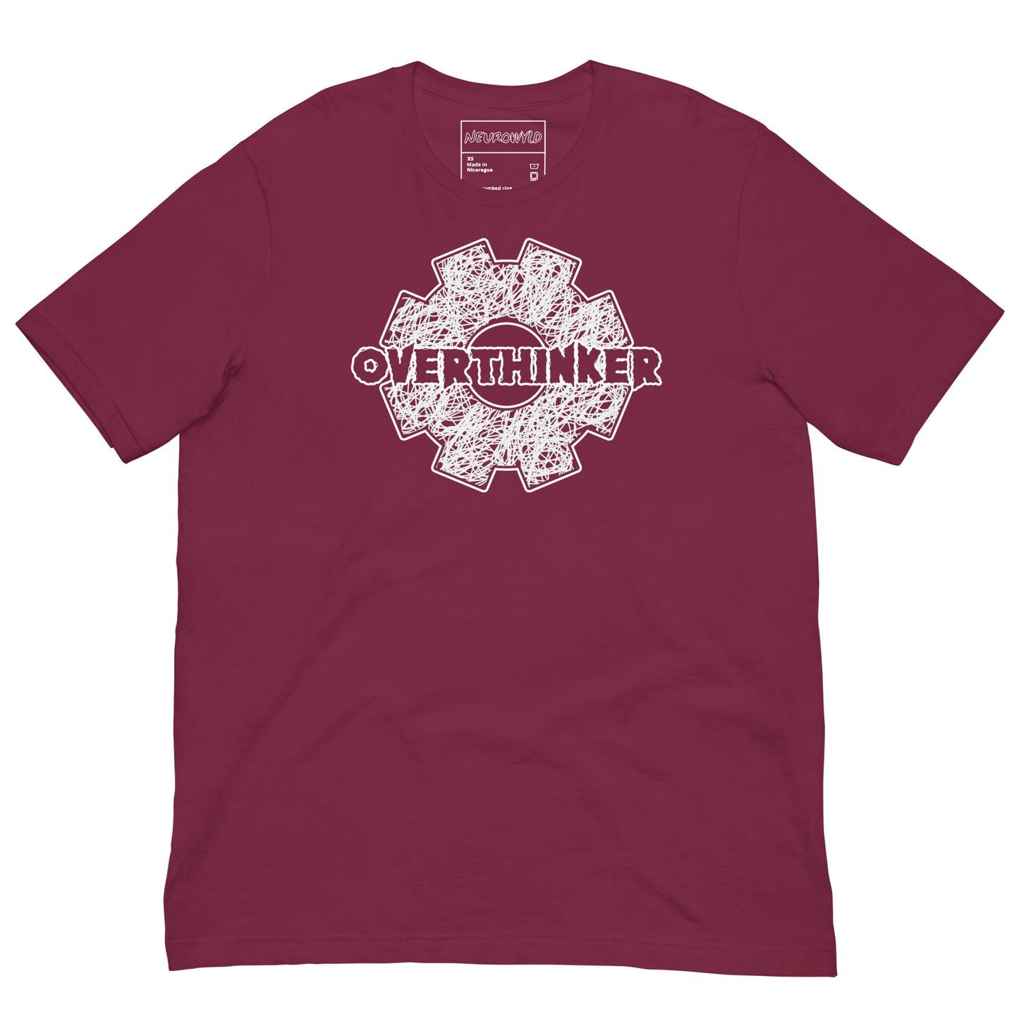 Maroon t-shirt with a white gear-shaped graphic filled with chaotic scribble lines and the word ‘Overthinker’ bold across the center.