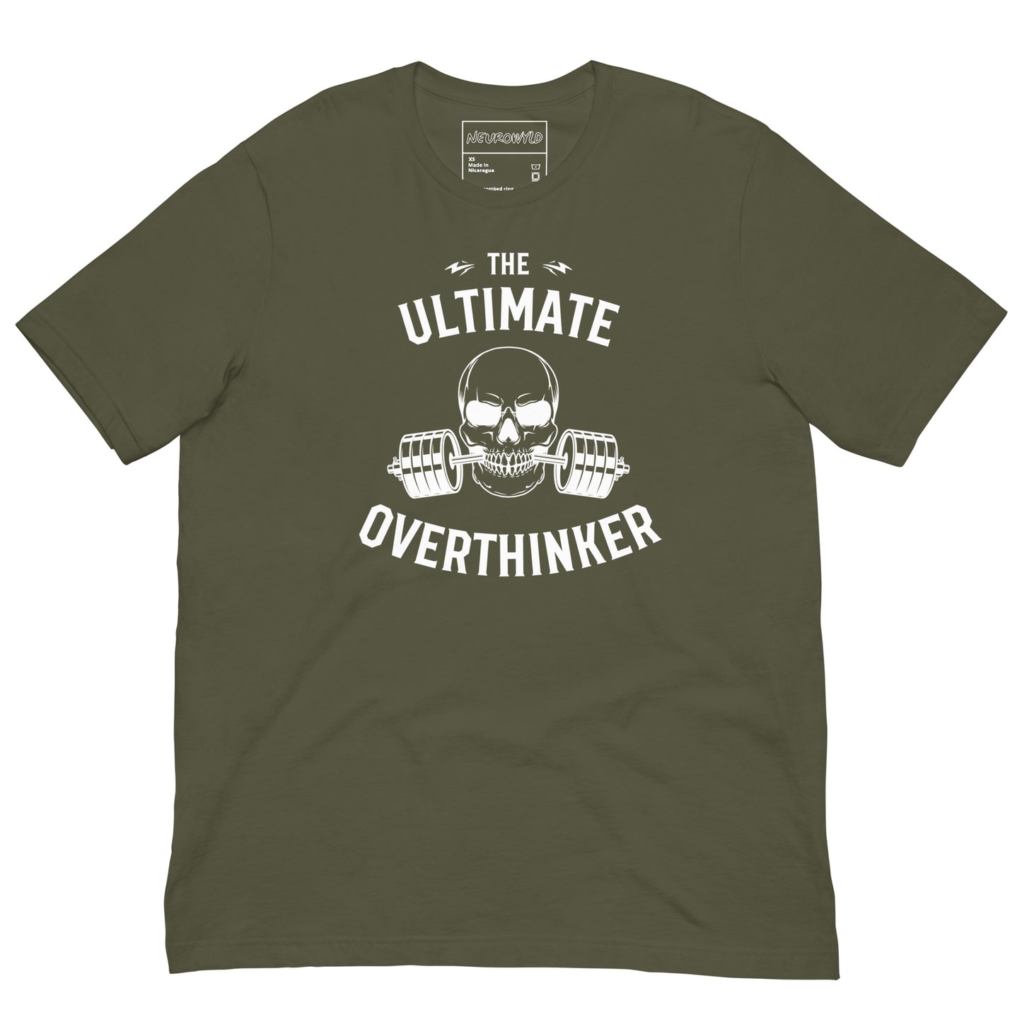 green t-shirt featuring a bold white graphic of a skull biting a barbell with weights. Above and below the design, text reads: 'The Ultimate Overthinker.'