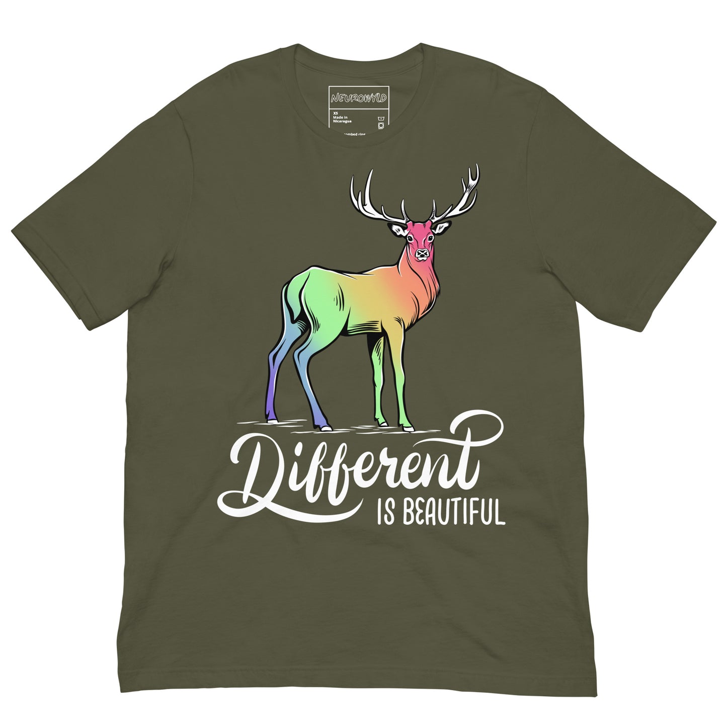 green t-shirt featuring a colorful gradient deer illustration with rainbow hues across its body. Below the deer, bold white script reads 'Different is Beautiful.'