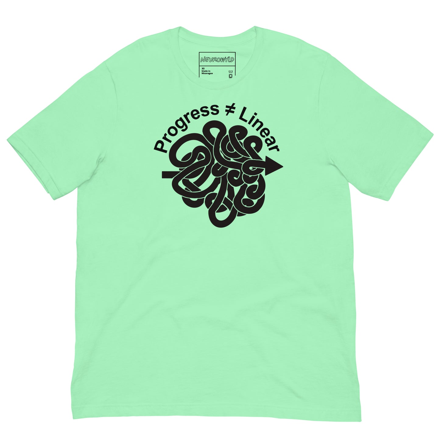 Mint t-shirt with a bold black graphic of a winding arrow forming a knot, paired with the phrase ‘Progress ≠ Linear’ above the design.