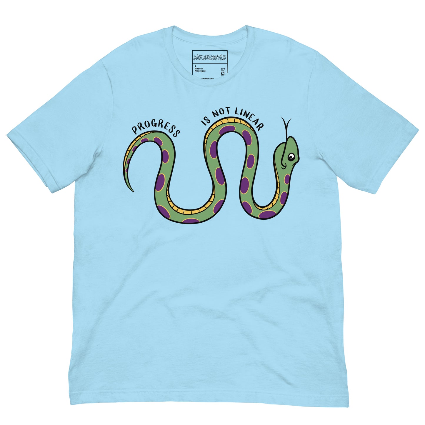 blue t-shirt featuring a cartoon snake with green and purple spots, coiled in a wavy shape. Above the snake, the text reads 'Progress Is Not Linear' in black curved lettering.
