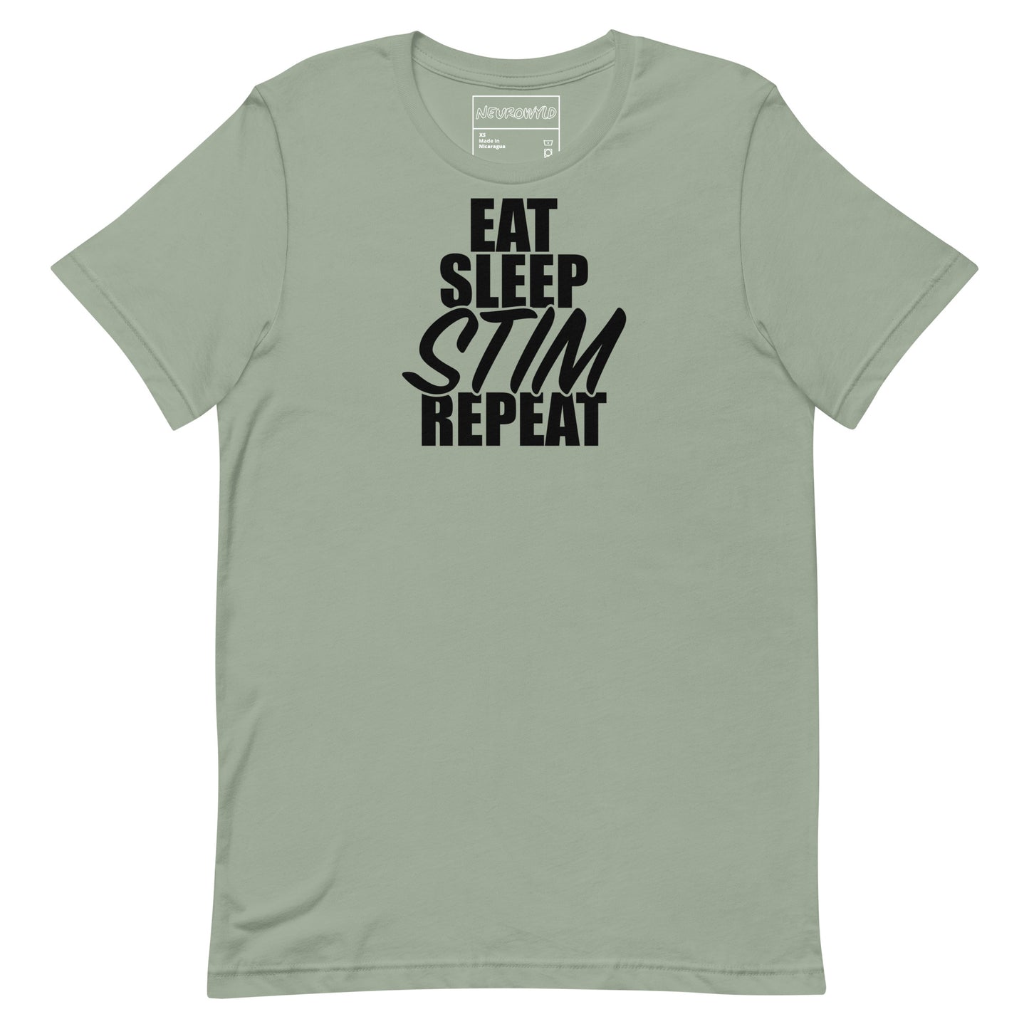 Light green t-shirt with bold black text that reads ‘EAT SLEEP STIM REPEAT,’ celebrating stimming and neurodivergent pride in a minimalist statement design.