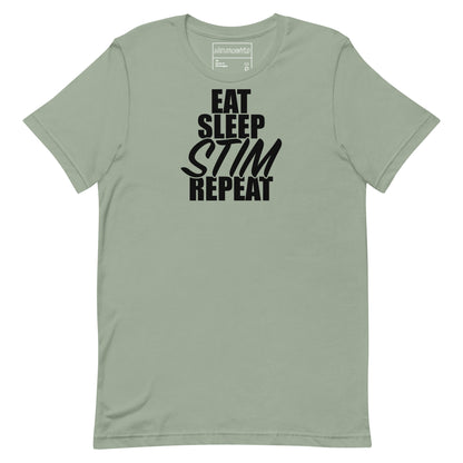 Light green t-shirt with bold black text that reads ‘EAT SLEEP STIM REPEAT,’ celebrating stimming and neurodivergent pride in a minimalist statement design.
