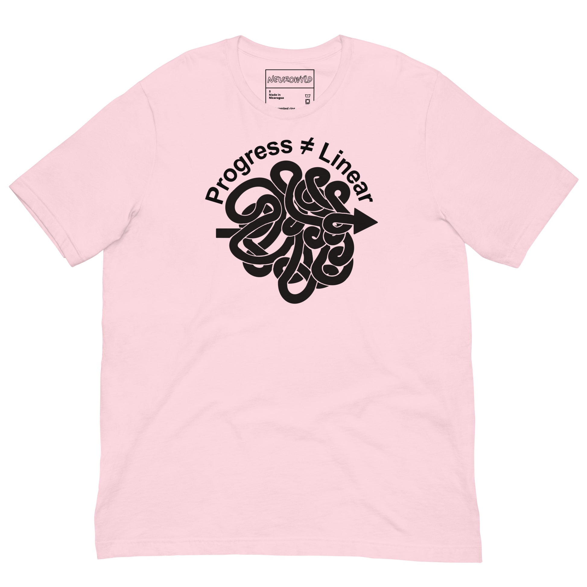 Pink t-shirt with a bold black graphic of a winding arrow forming a knot, paired with the phrase ‘Progress ≠ Linear’ above the design.