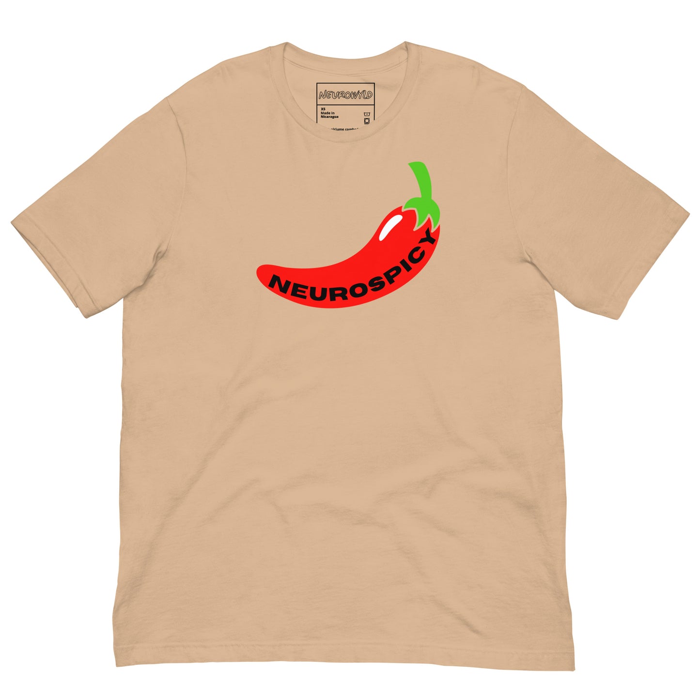 tan t-shirt featuring a bold red chili pepper graphic with a green stem. The word 'Neurospicy' is written in black along the curve of the pepper.