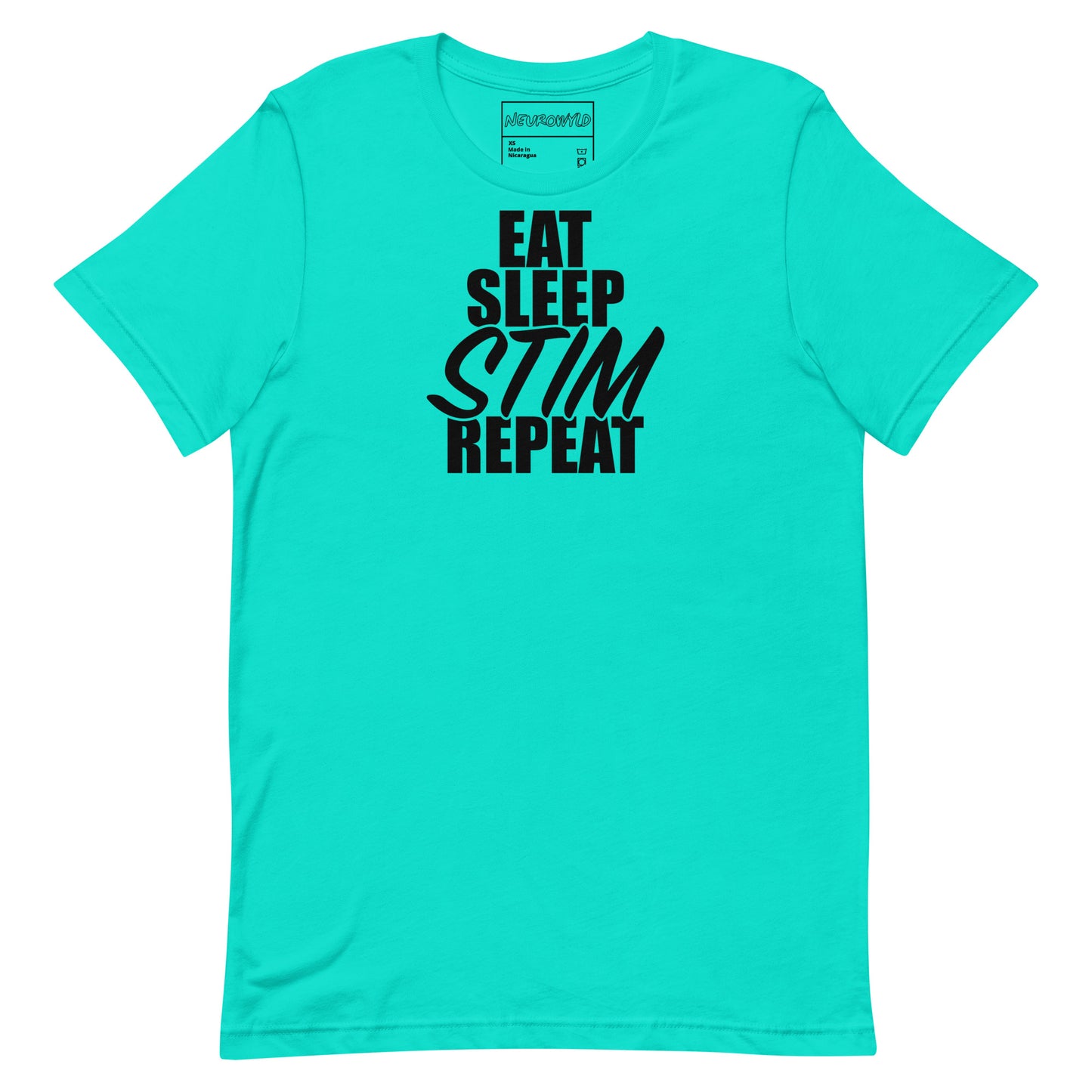 Blue t-shirt with bold black text that reads ‘EAT SLEEP STIM REPEAT,’ celebrating stimming and neurodivergent pride in a minimalist statement design.