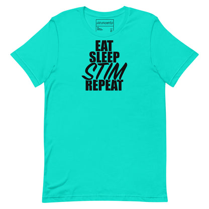 Blue t-shirt with bold black text that reads ‘EAT SLEEP STIM REPEAT,’ celebrating stimming and neurodivergent pride in a minimalist statement design.