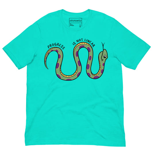 Bright teal t-shirt featuring a cartoon snake with green and purple spots, coiled in a wavy shape. Above the snake, the text reads 'Progress Is Not Linear' in black curved lettering.
