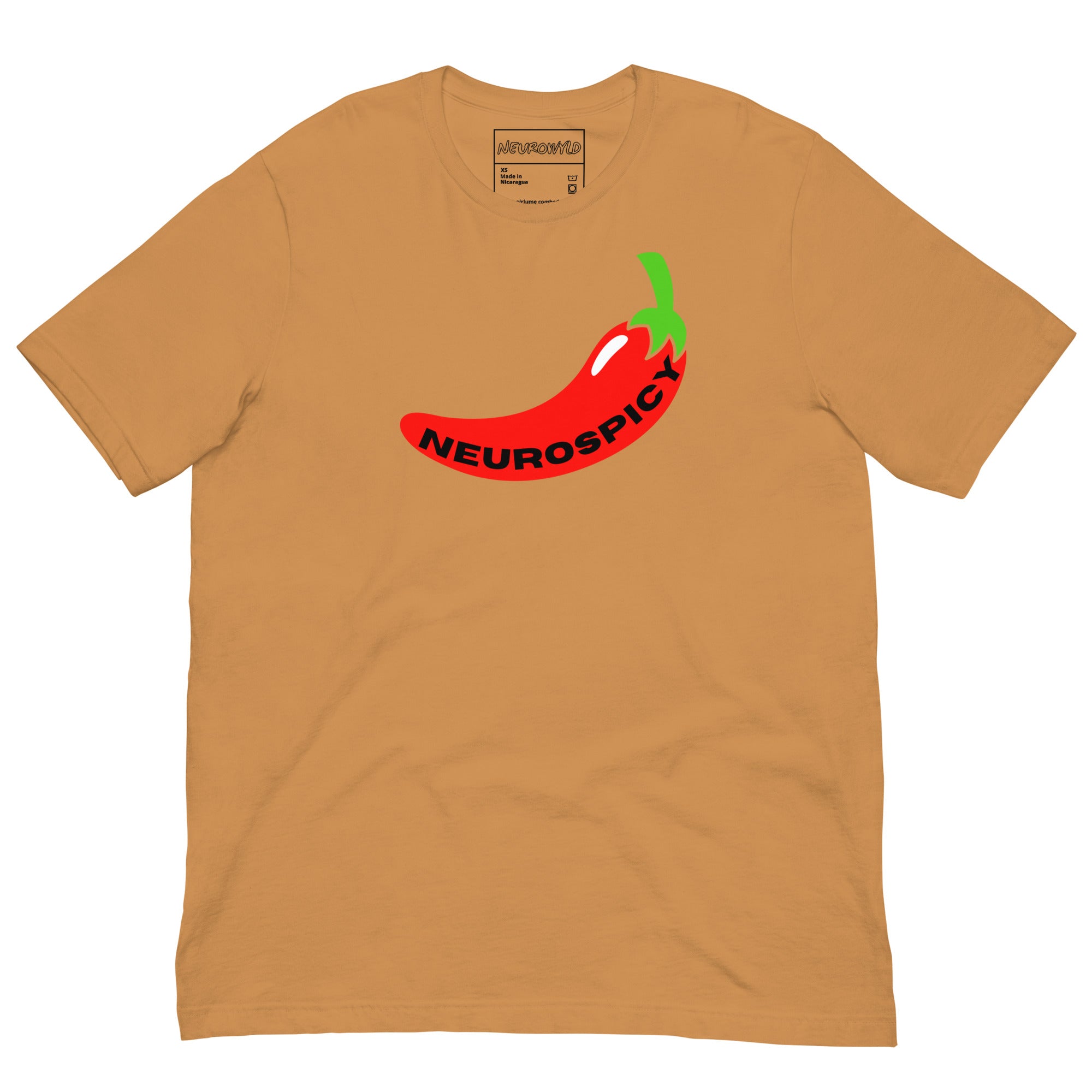 toast colored t-shirt featuring a bold red chili pepper graphic with a green stem. The word 'Neurospicy' is written in black along the curve of the pepper.