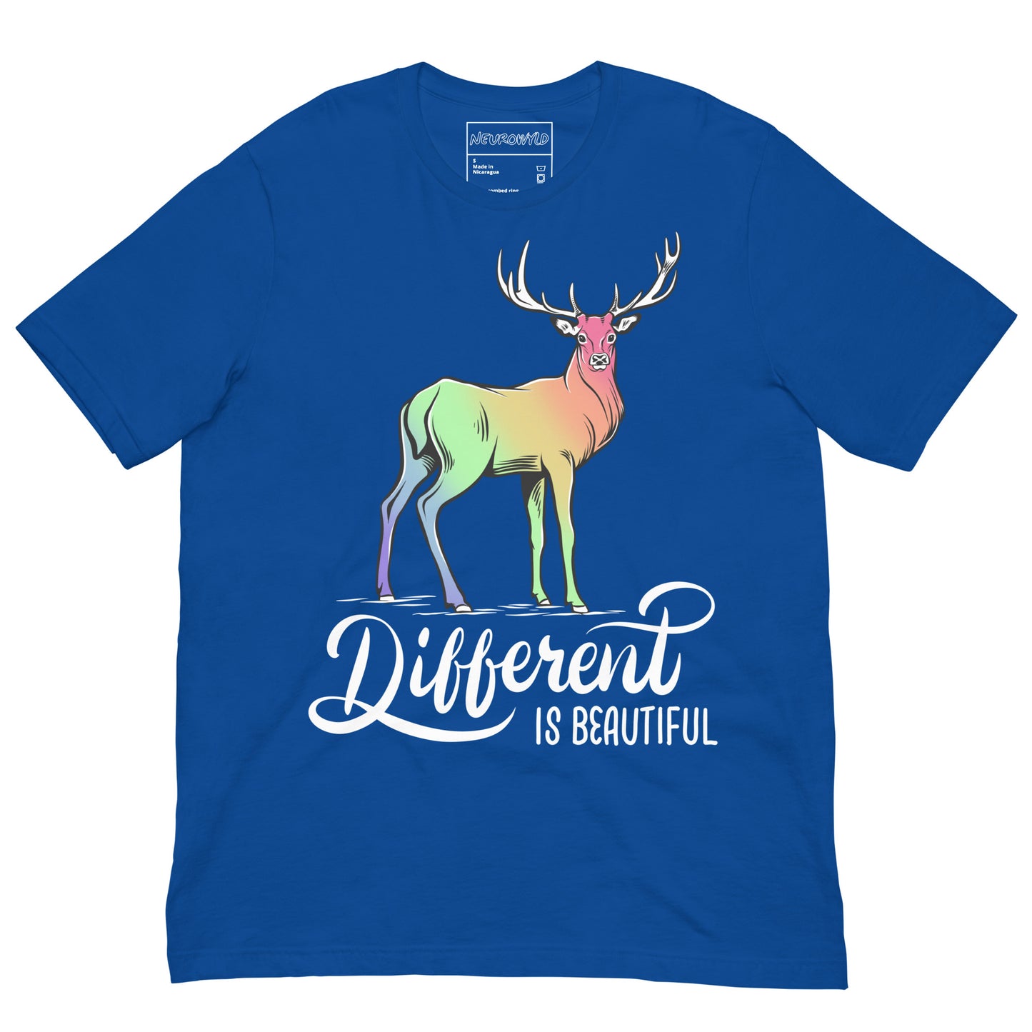 Royal blue t-shirt featuring a colorful gradient deer illustration with rainbow hues across its body. Below the deer, bold white script reads 'Different is Beautiful.'