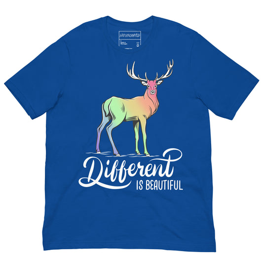 Royal blue t-shirt featuring a colorful gradient deer illustration with rainbow hues across its body. Below the deer, bold white script reads 'Different is Beautiful.'