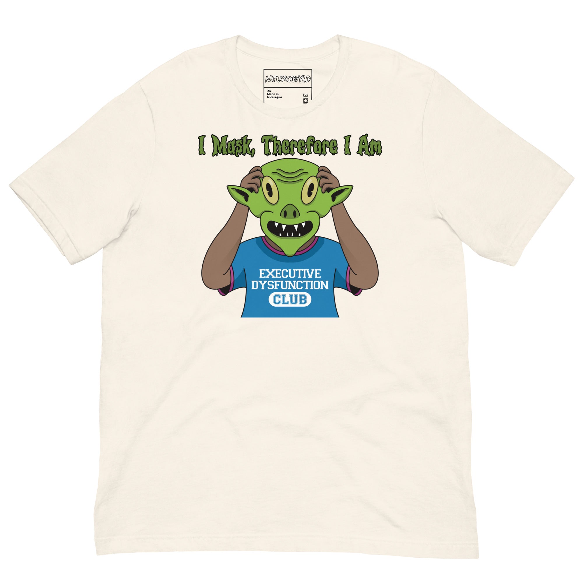 vintage white t-shirt featuring a cartoon character wearing a blue 'Executive Dysfunction Club' shirt, holding up a green alien mask. Text above reads: 'I Mask, Therefore I Am' in spooky-style font.