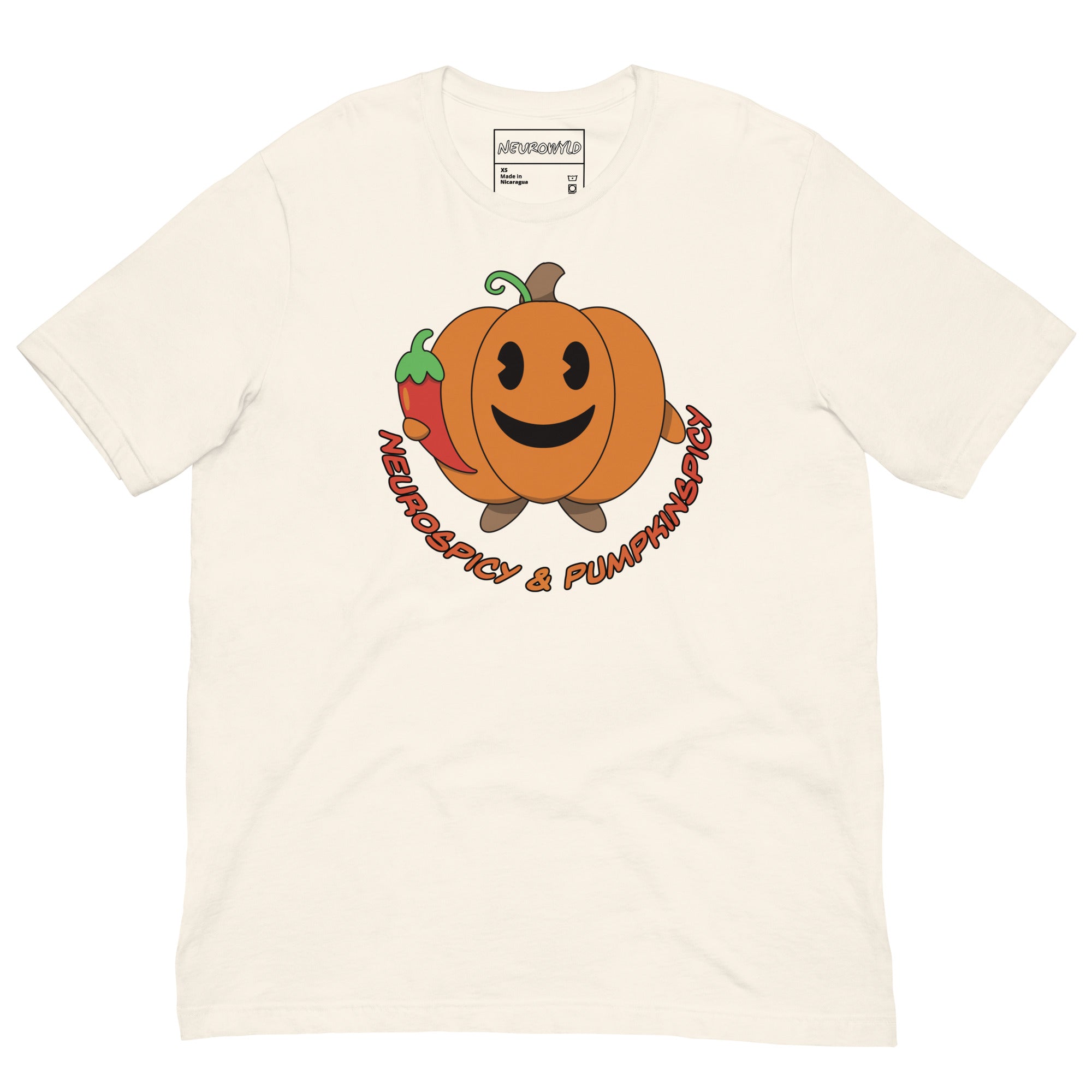 White t-shirt with a smiling pumpkin holding a red chili pepper. Below the design, playful text reads: 'Neurospicy & Pumpkinspicy.'