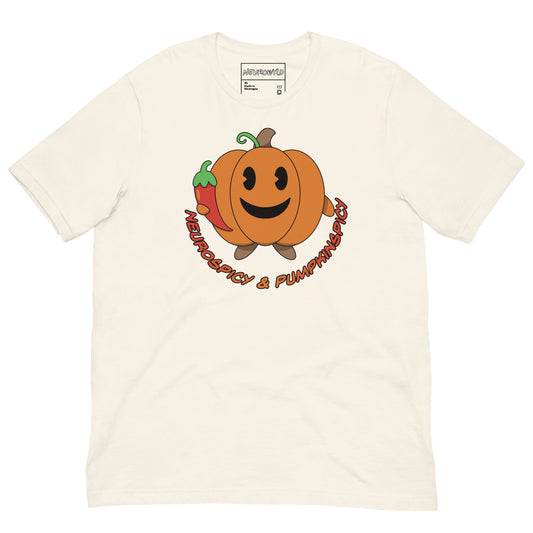 White t-shirt with a smiling pumpkin holding a red chili pepper. Below the design, playful text reads: 'Neurospicy & Pumpkinspicy.'