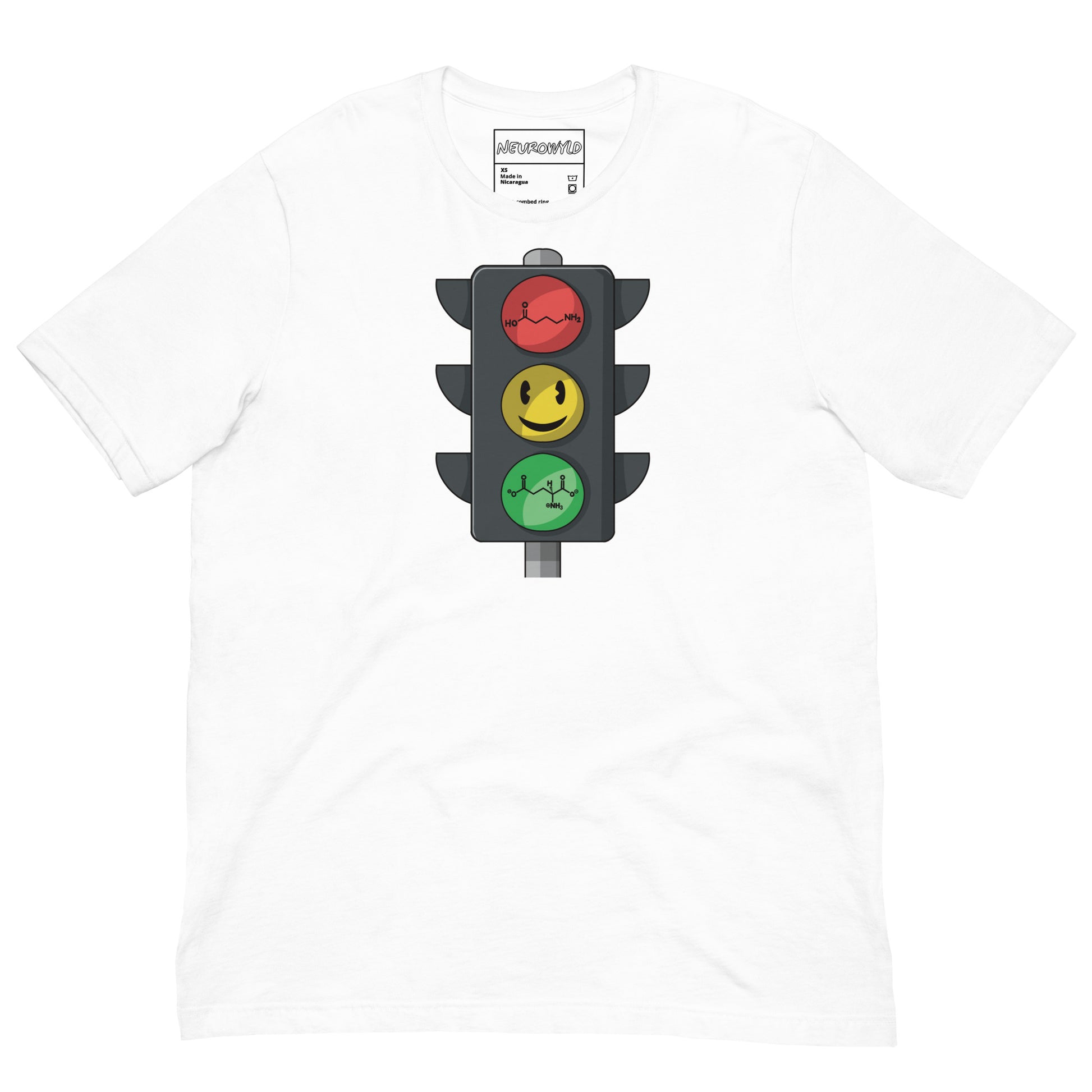 White t-shirt with a traffic light design on a white background