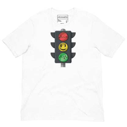 White t-shirt with a traffic light design on a white background