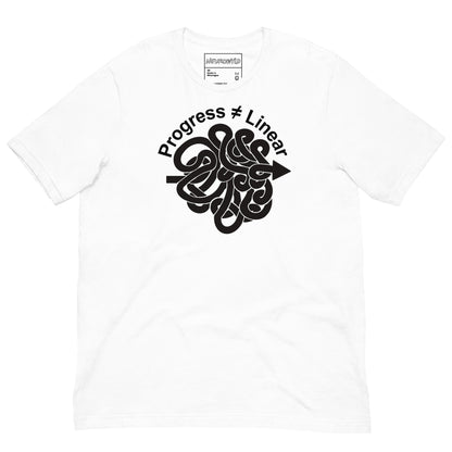 White t-shirt with a bold black graphic of a winding arrow forming a knot, paired with the phrase ‘Progress ≠ Linear’ above the design.