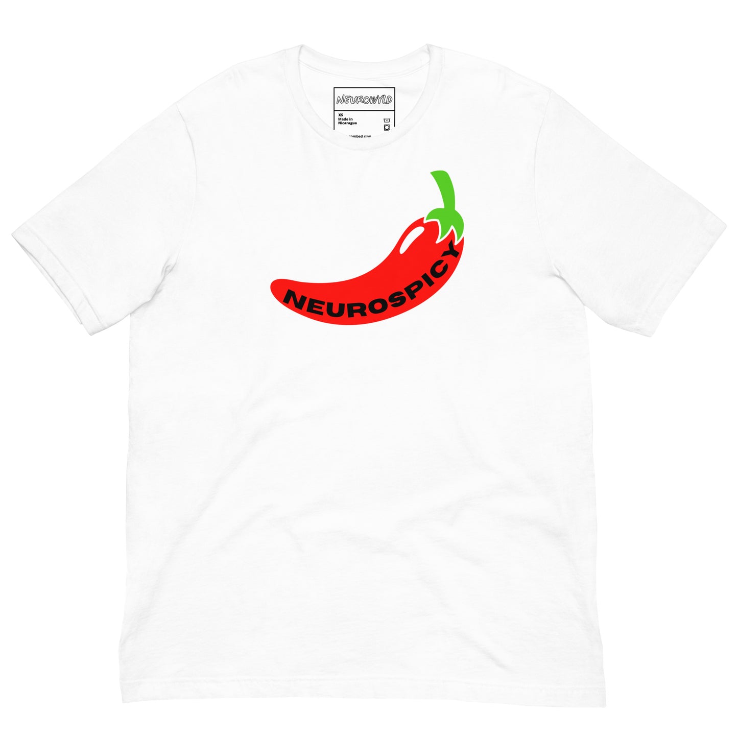 White t-shirt featuring a bold red chili pepper graphic with a green stem. The word 'Neurospicy' is written in black along the curve of the pepper.