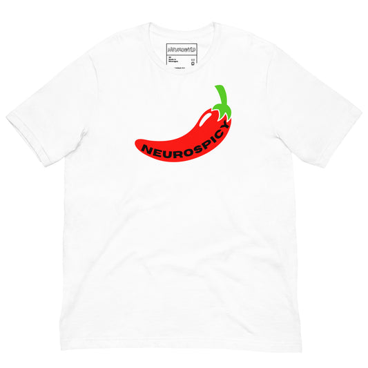 White t-shirt featuring a bold red chili pepper graphic with a green stem. The word 'Neurospicy' is written in black along the curve of the pepper.